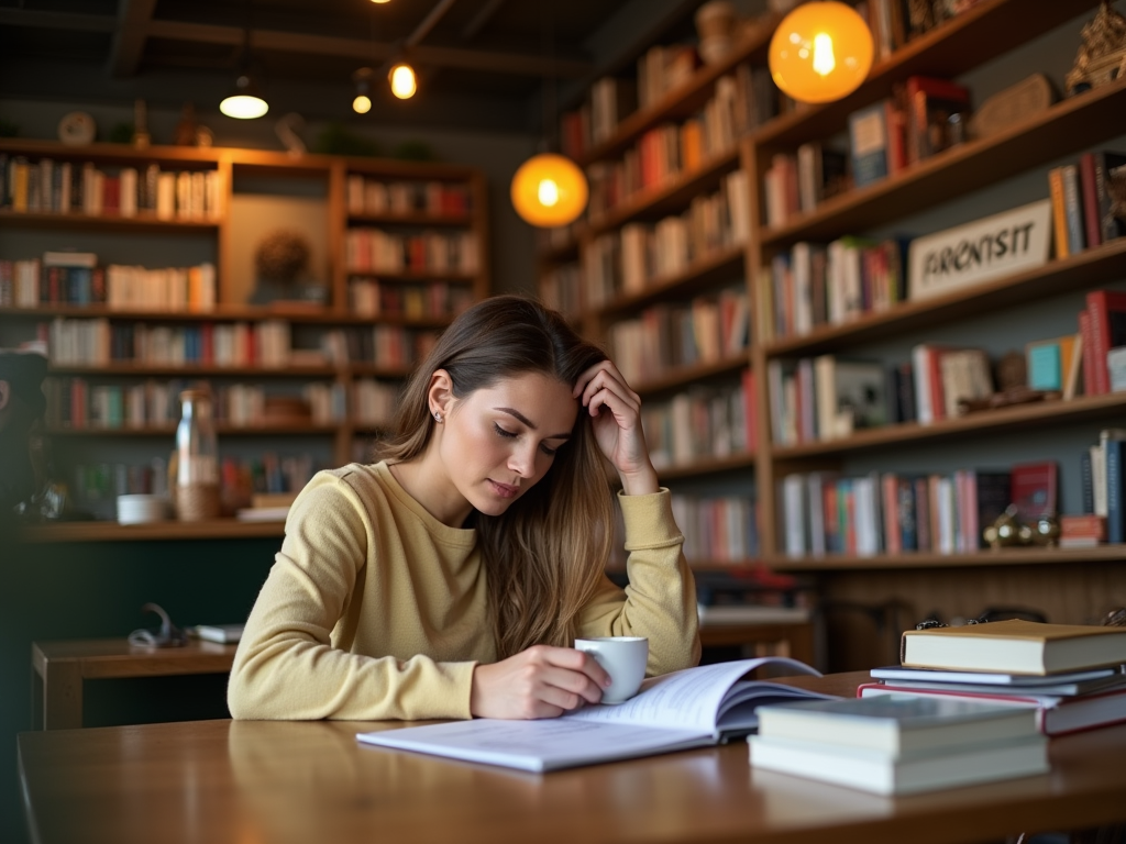 Девушка читает книгу в библиотеке-кафе, держа чашку кофе.